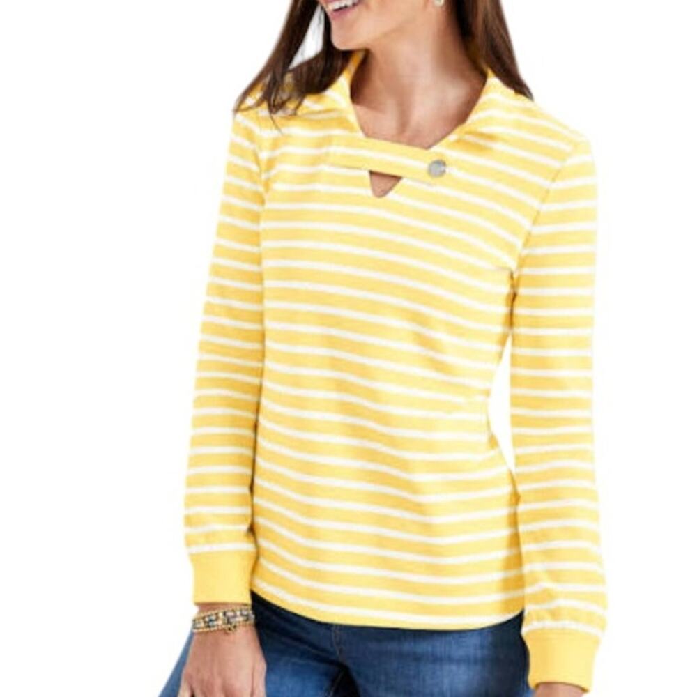 Talbots Yellow Cotton White Striped Collared Pullover Sweatshirt